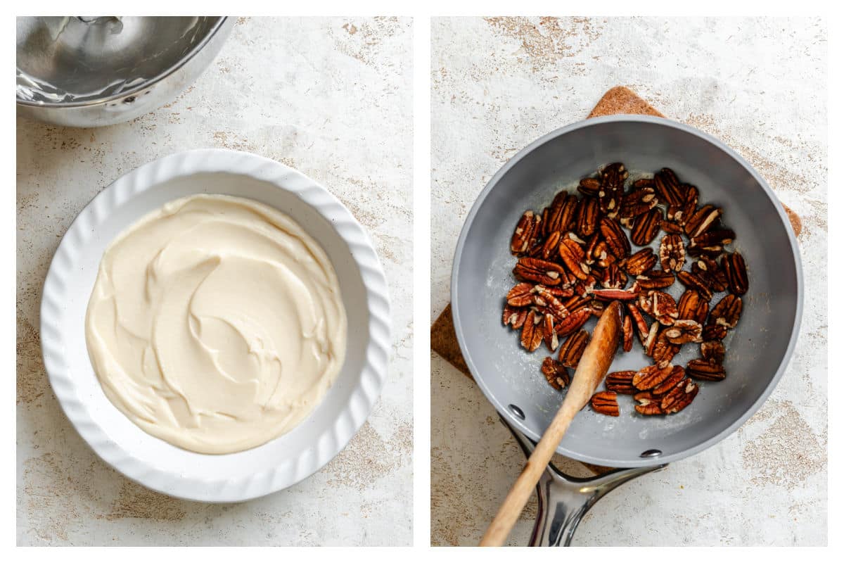 Cream cheese mixture in a pie dish next to pecans toasting in a skillet.