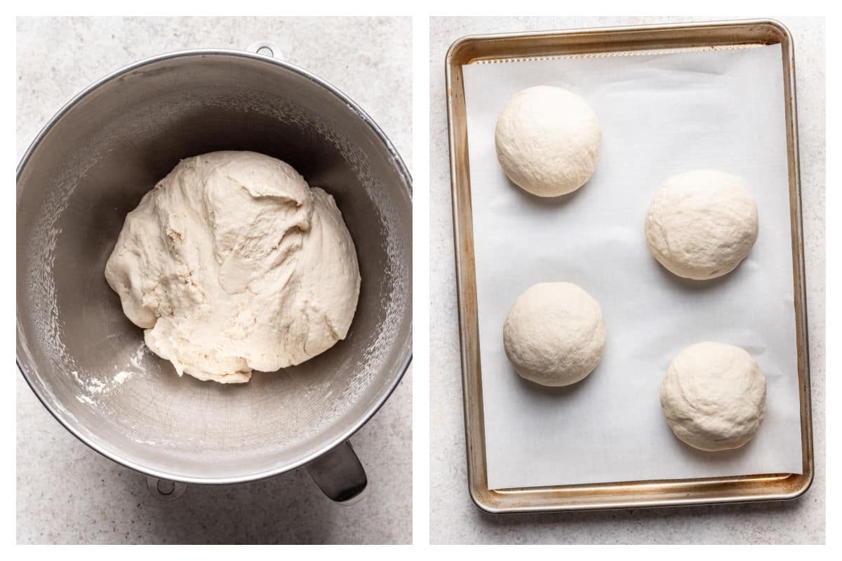 Kneaded bread bowl dough in a mixing bowl next to the dough shaped for bread bowls.