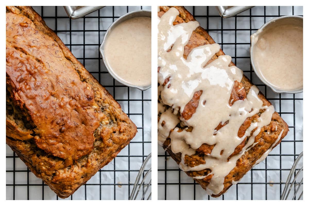 Banana bread on a wire rack next to brown butter glaze drizzled over the banana bread. 