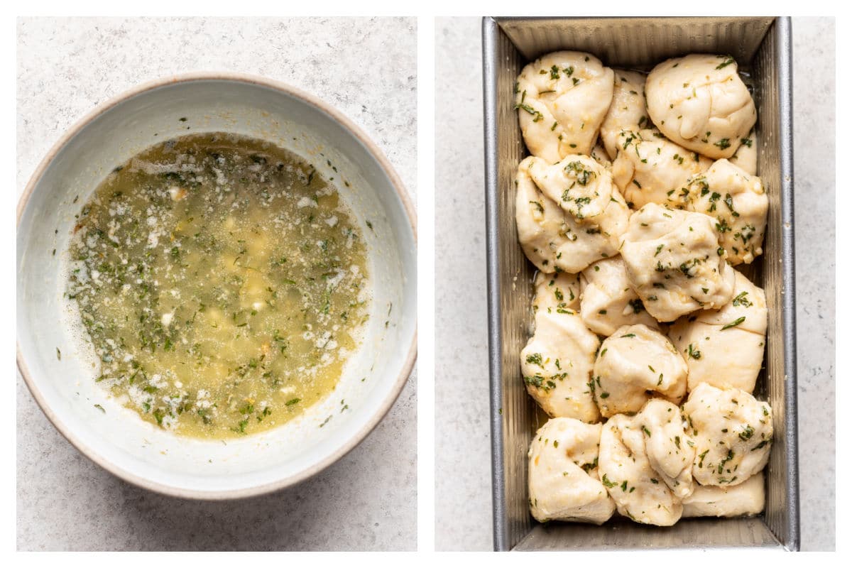 Garlic butter in a bowl next to garlic butter dough in a bread pan.