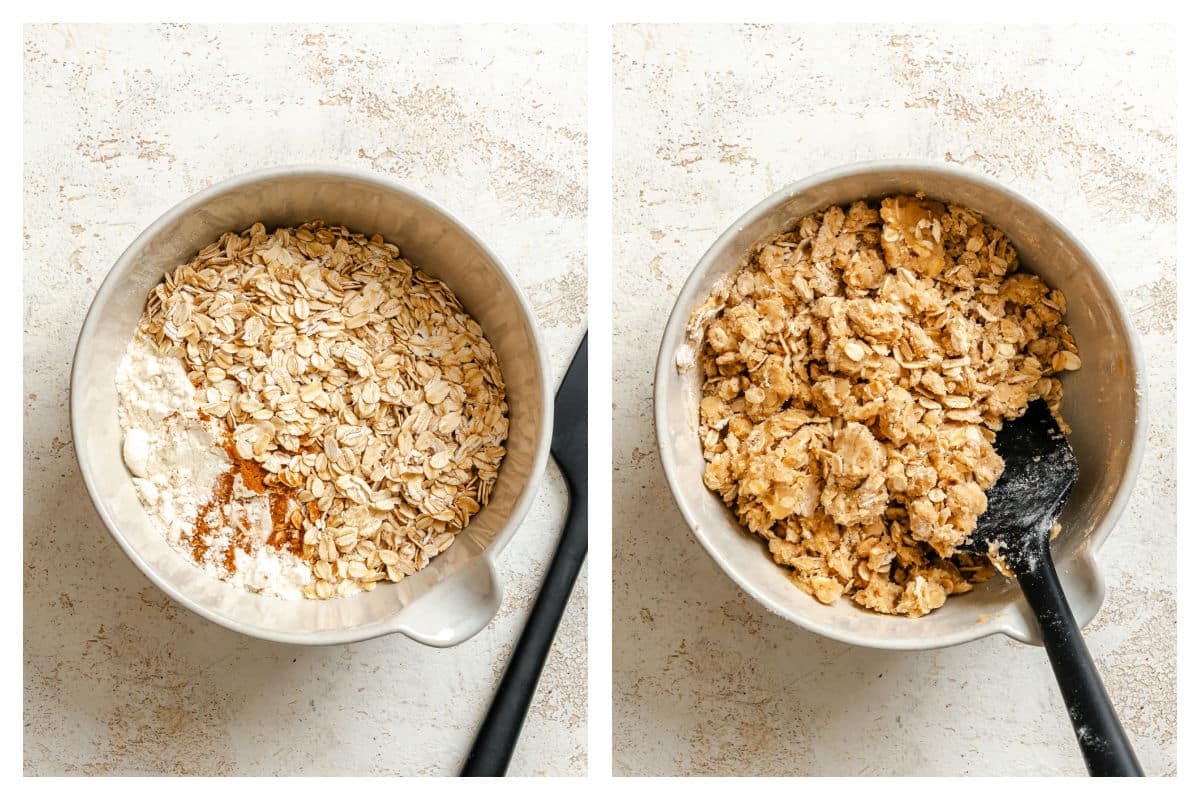 Dry ingredients for crisp topping in a bowl next to butter stirred into crisp topping.