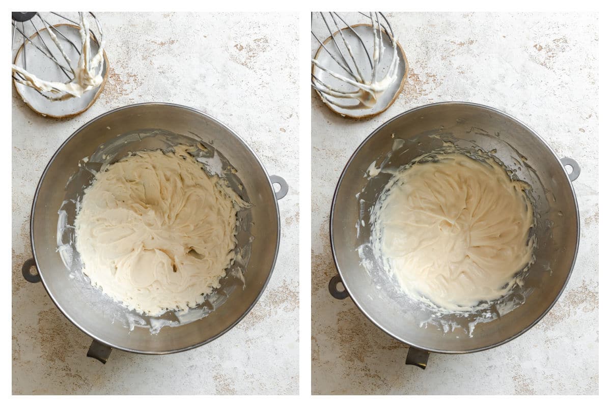 Cream cheese beaten in a bowl next to cream and powdered sugar mixed in.