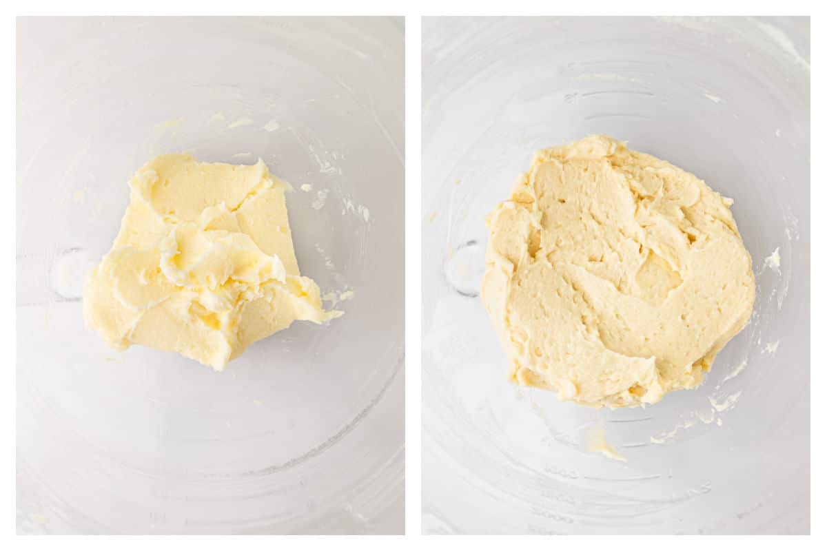 Beaten butter and sugar in a bowl next to egg and extracts mixed in.