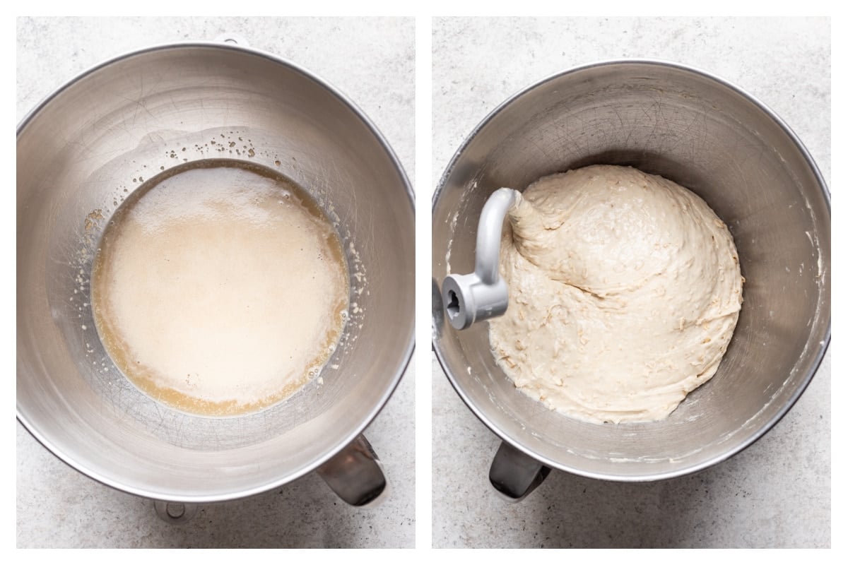 Yeast proofing in a mixing bowl next to dough in a mixing bowl.
