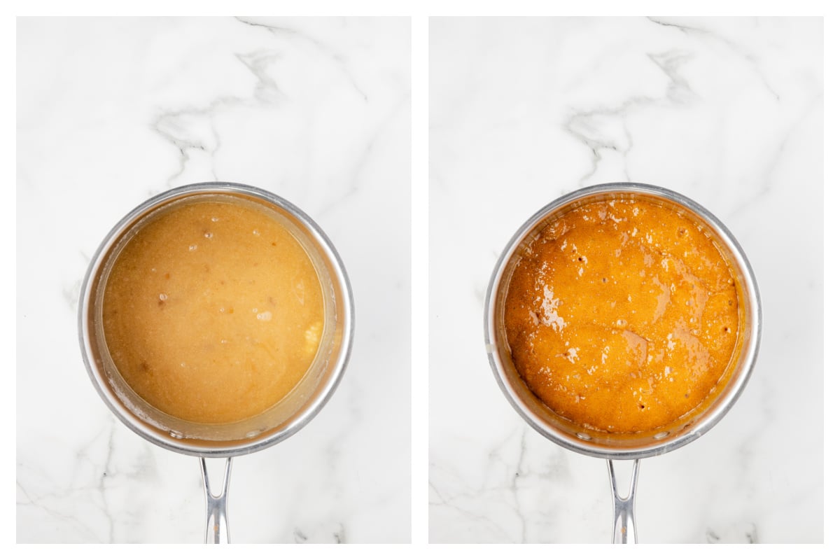 Melted butter and sugars in a saucepan next to cooked butter and sugar mixture. 