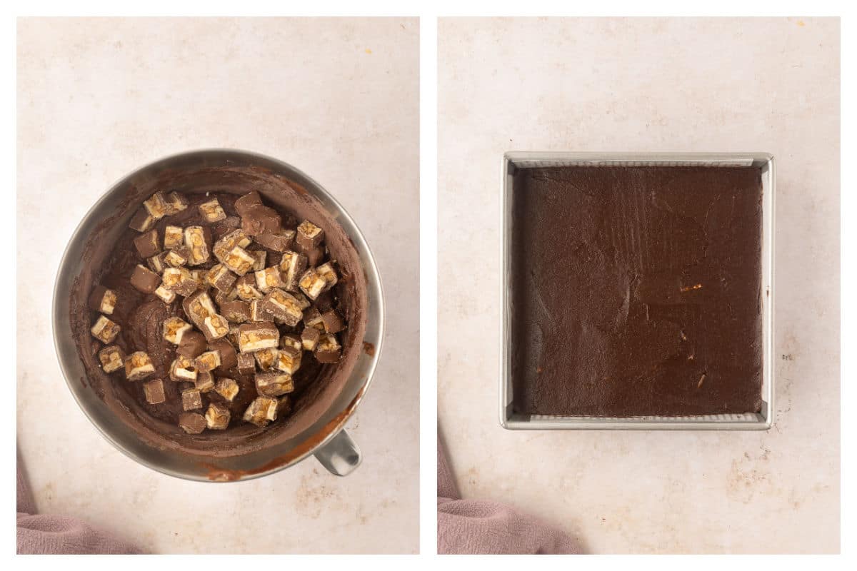 Chopped snickers on brownie batter next to brownie batter in a pan.