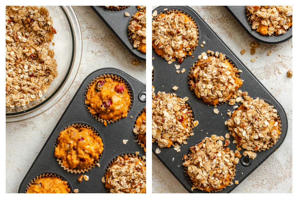 Sprinkled crumb topping over pumpkin muffin batter. 