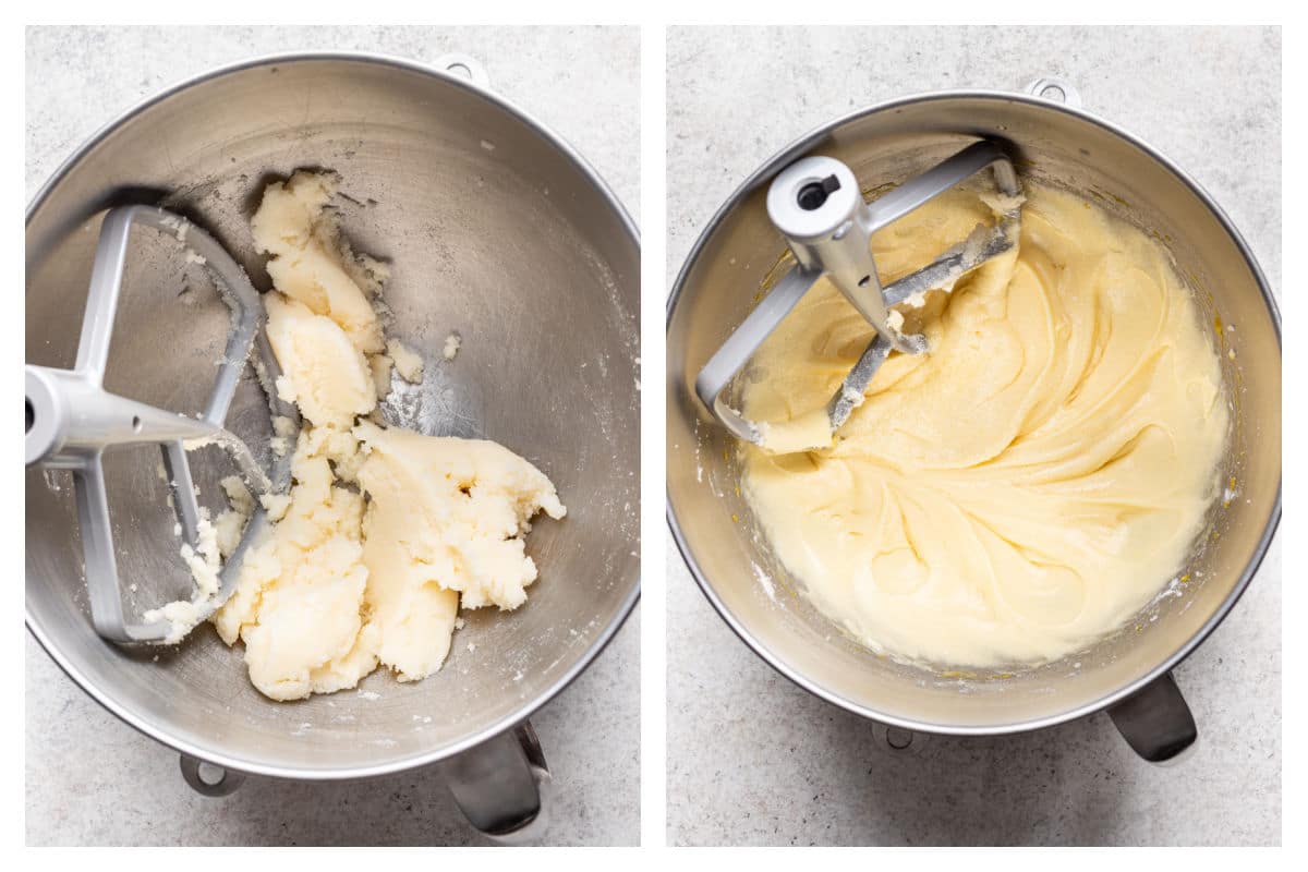 Creamed butter and sugar next to eggs mixed in.