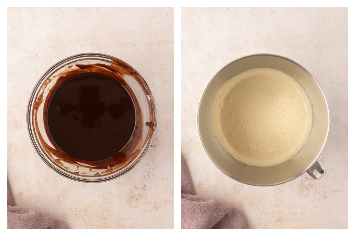 Melted butter and chocolate in a bowl next to beaten egg mixture.