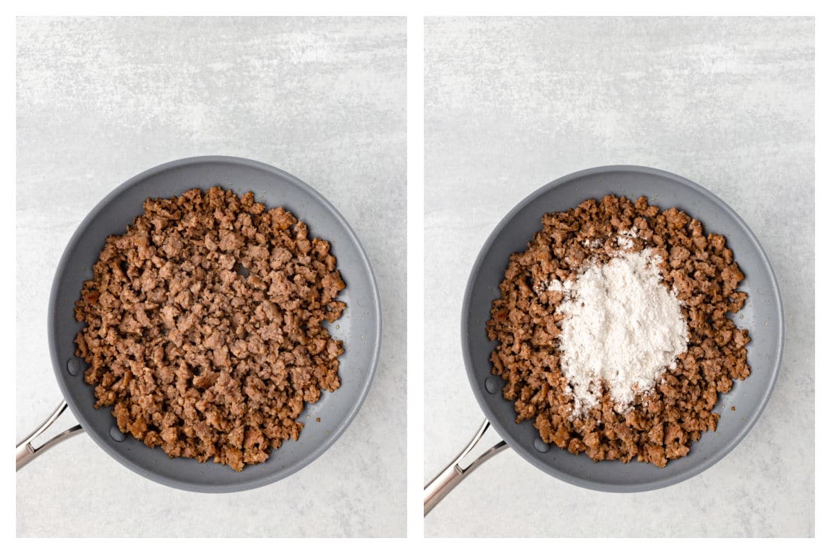 Browned breakfast sausage in a skillet next to flour on the sausage. 