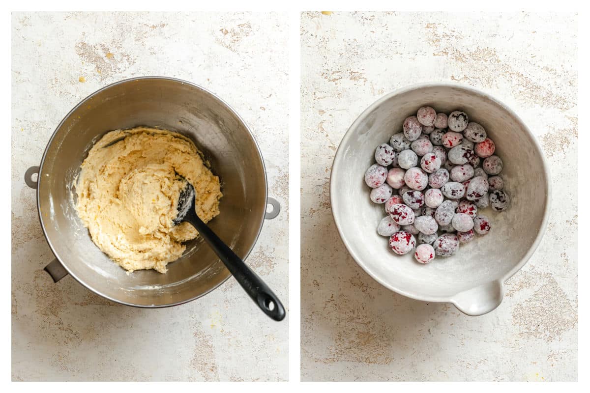Muffin batter in a bowl next to cranberries coated in flour. 