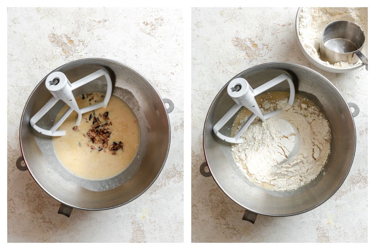 Rice mixture in proofed yeast next to flour on  top.