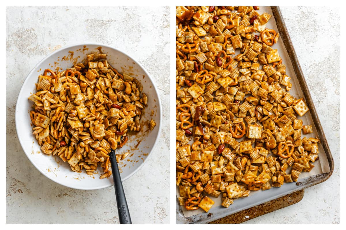 Cereal mix in a mixing bowl coated with toffee next to cereal mix spread in a pan.