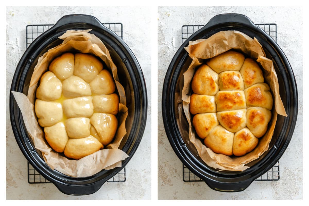 Rolls brushed with melted butter and broiled rolls in a slow cooker.