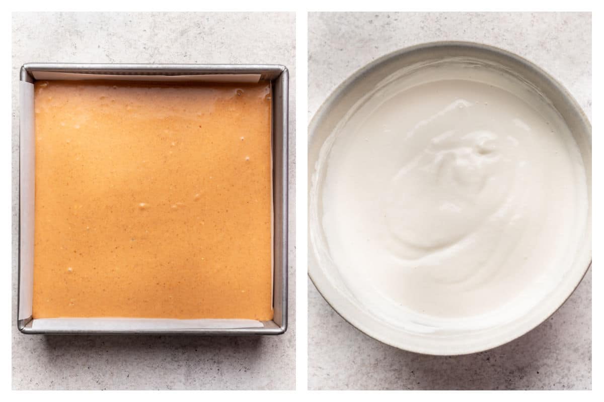 Pumpkin filling in a pan next to bowl with cheesecake topping.