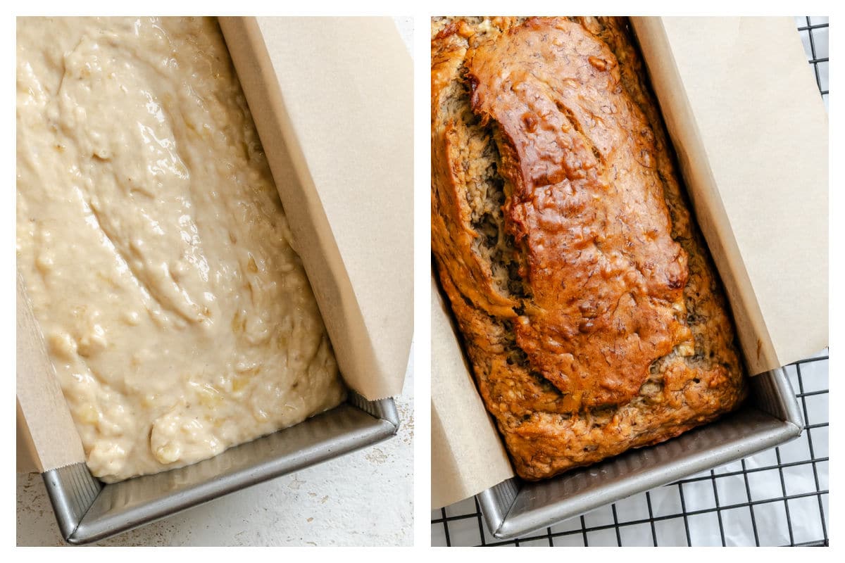 Banana bread batter in a pan next to the baked banana bread.