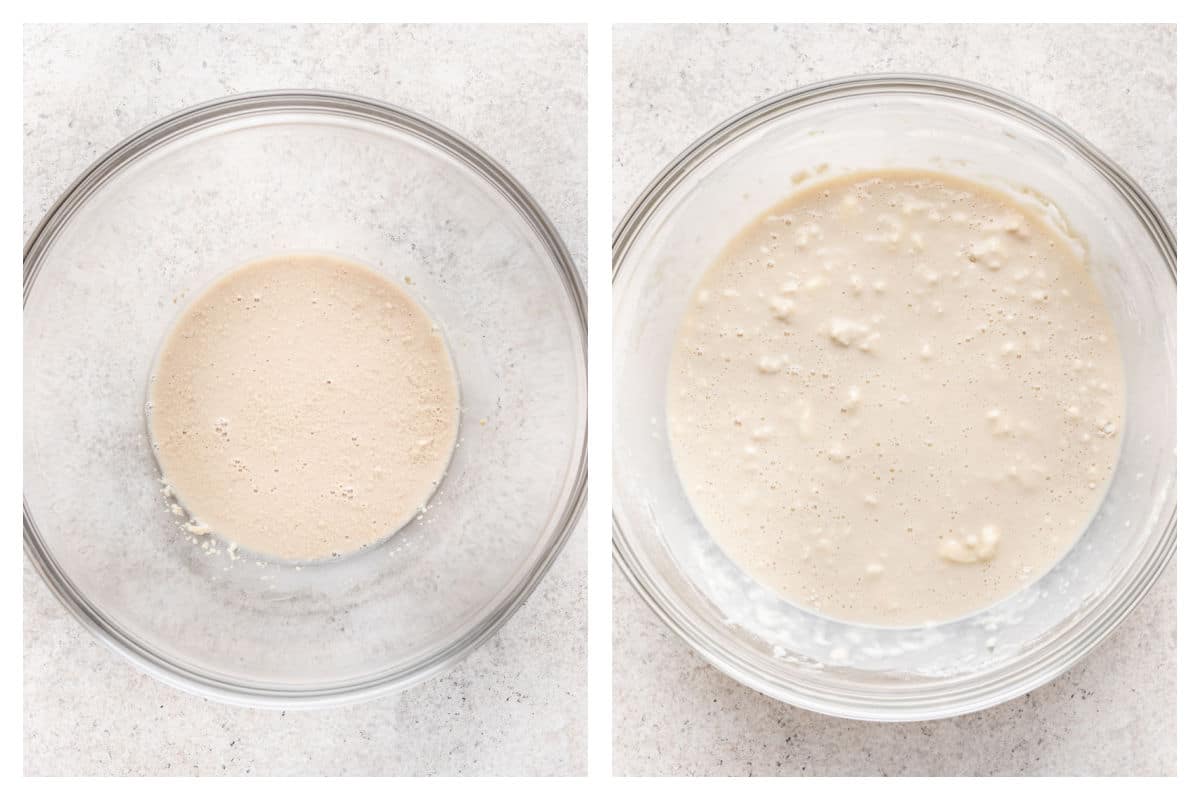 Yeast proofing in a bowl next to sugar and flour stirred in.