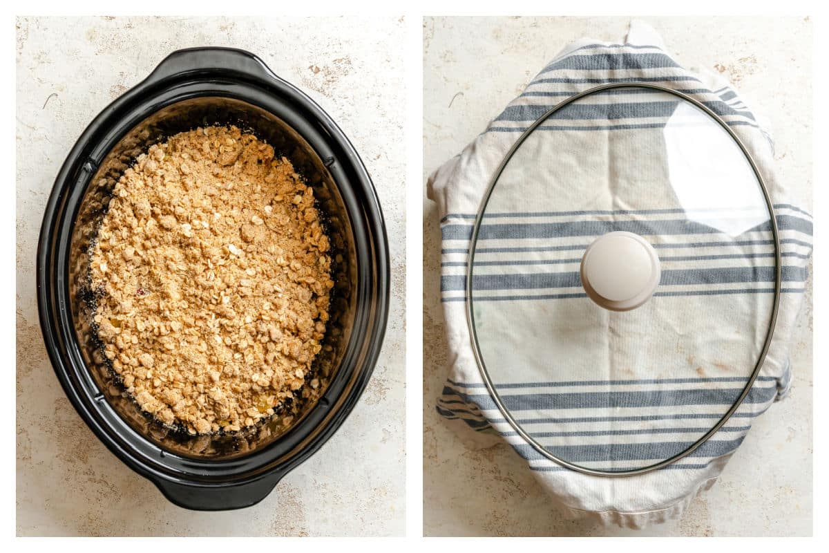 Crisp topping over fruit in a slow cooker next to towel covering slow cooker with a lid on it. 