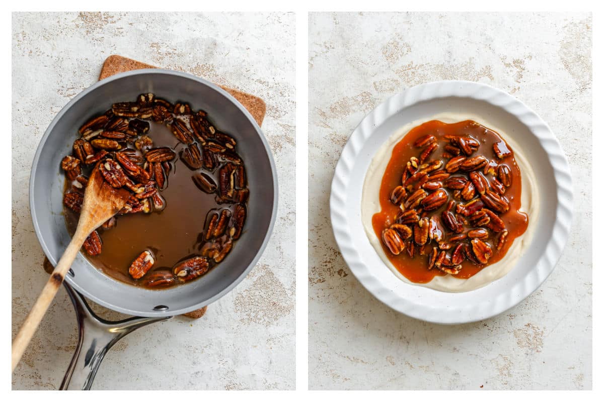 Caramel sauce stirred into toasted pecans next to toasted pecans on cream cheese mixture.