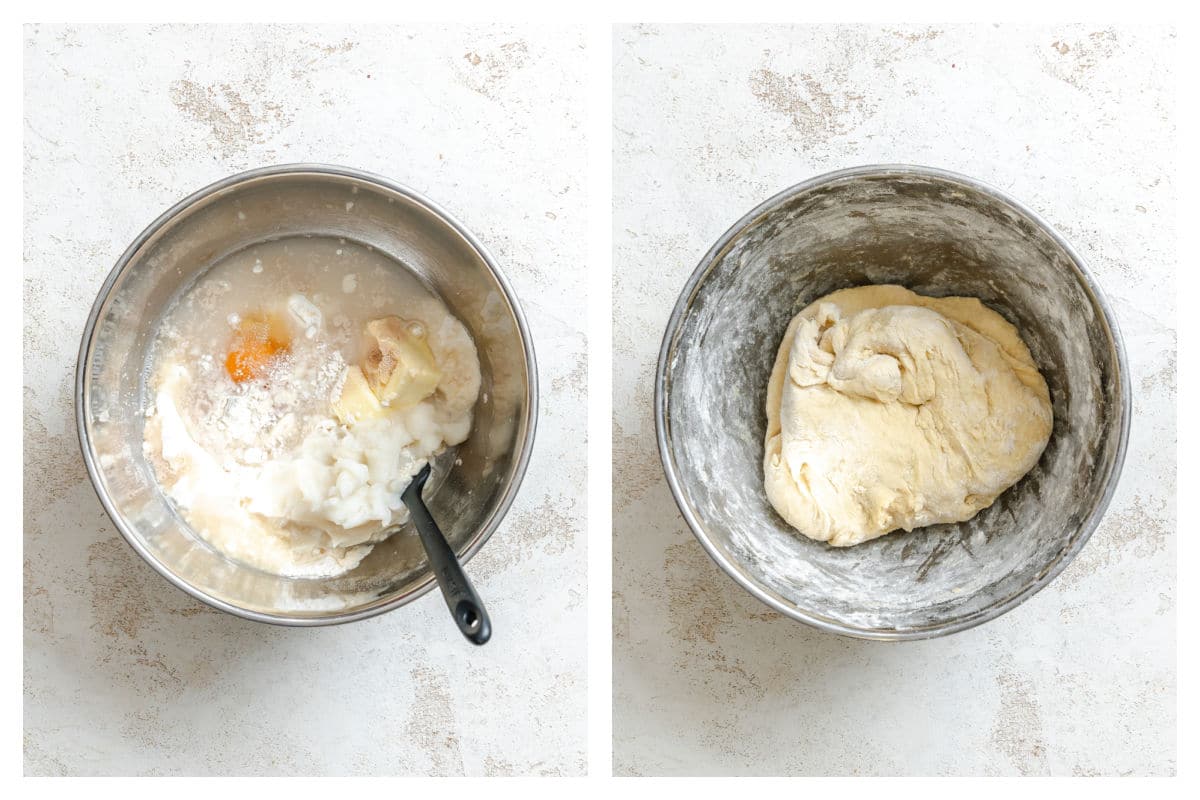 Flour eggs and butter in a bowl next to potato roll dough in a bowl.