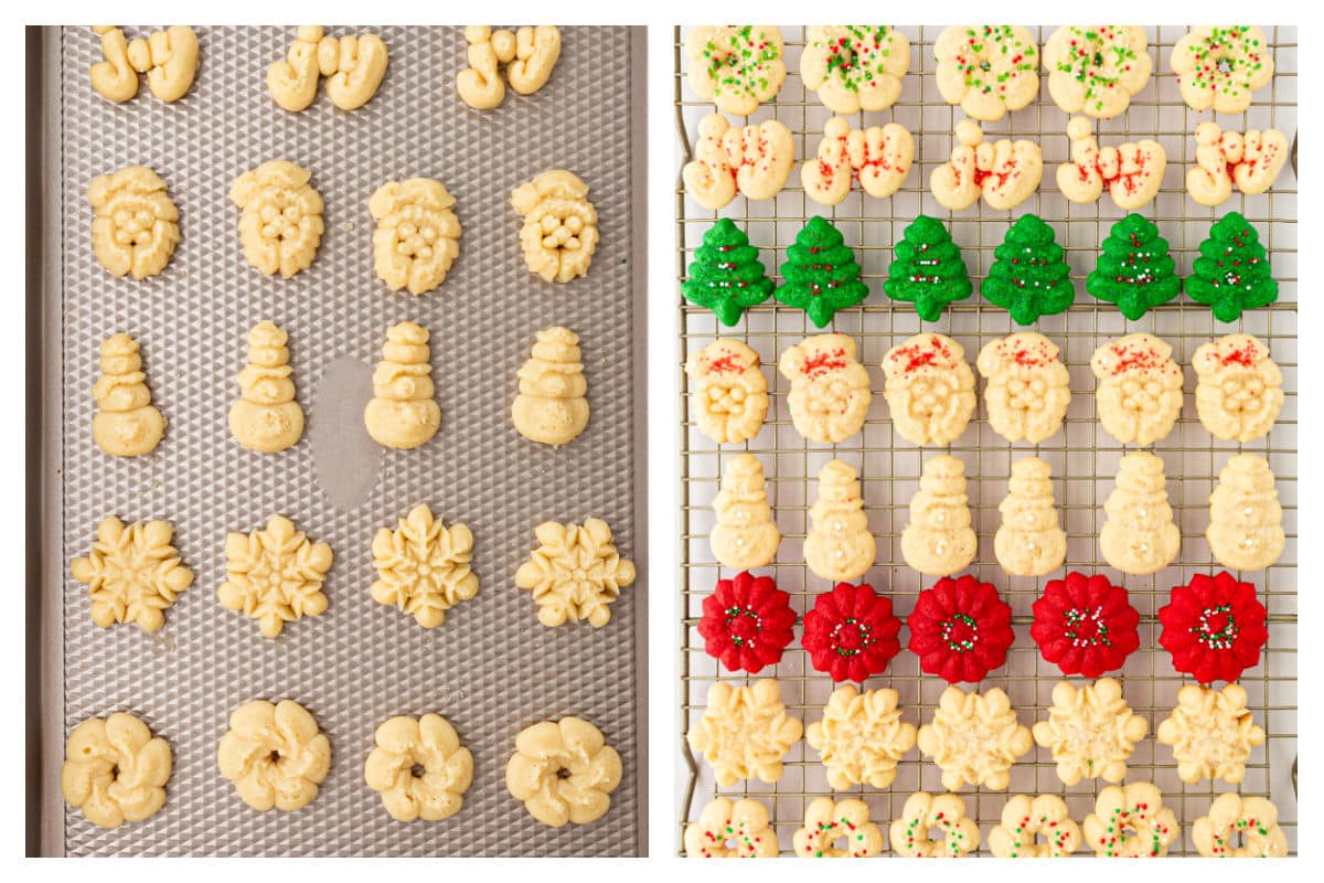 spritz cookie dough on a baking sheet next to baked spritz cookies. 