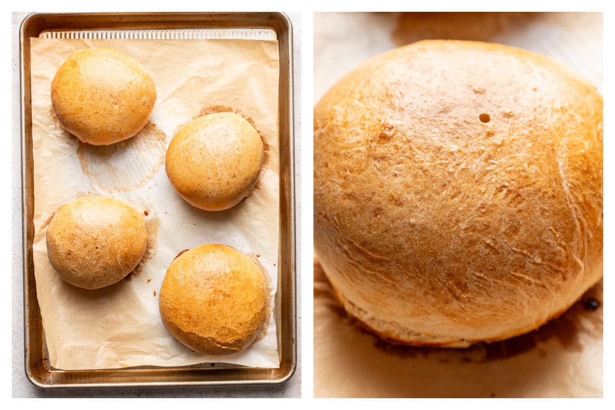 Baked bread bowls on a parchment lined baking sheet.