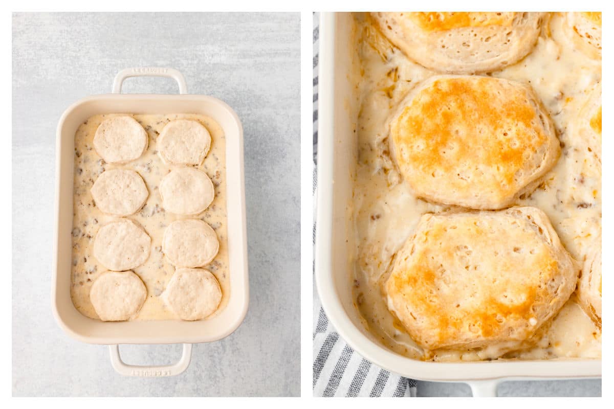 Unbaked biscuits on gravy in a baking dish next to the baked casserole. 