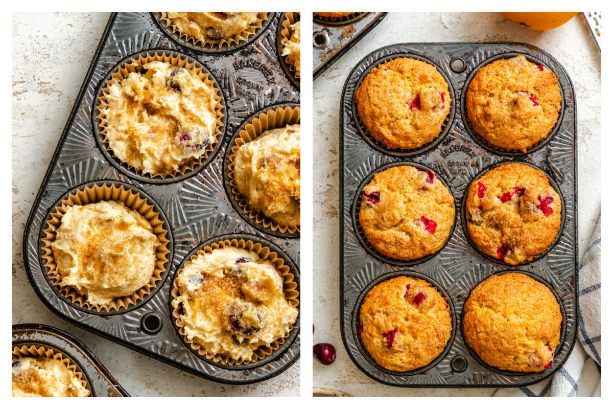 Sugar on muffin batter next to baked muffins in a tin. 