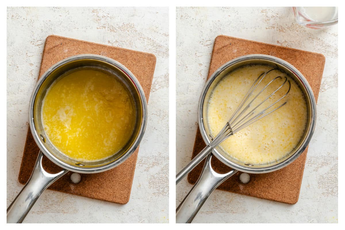 A saucepan with melted butter next to milk stirred in.