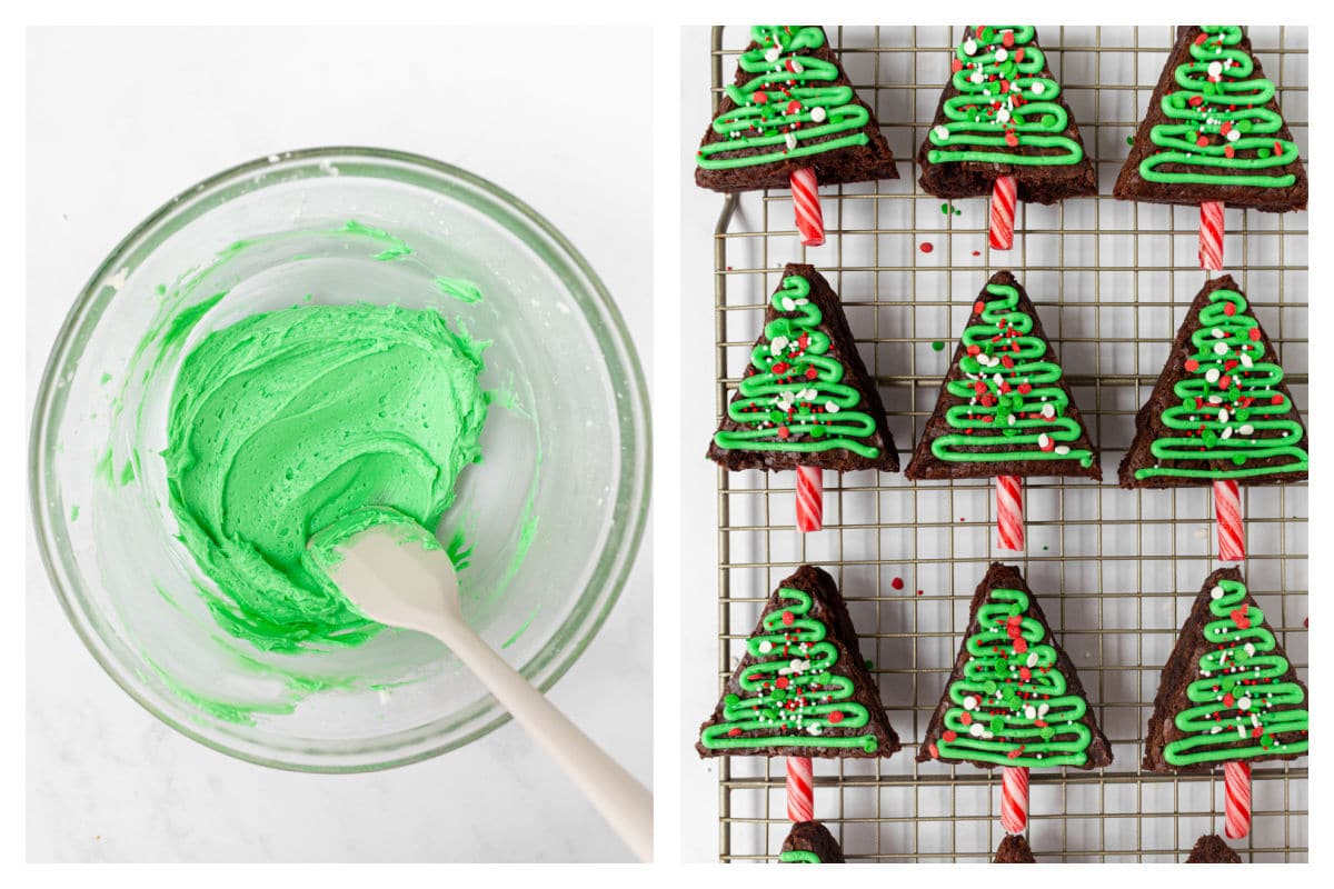 Green tinted buttercream next to decorated Christmas tree brownies.