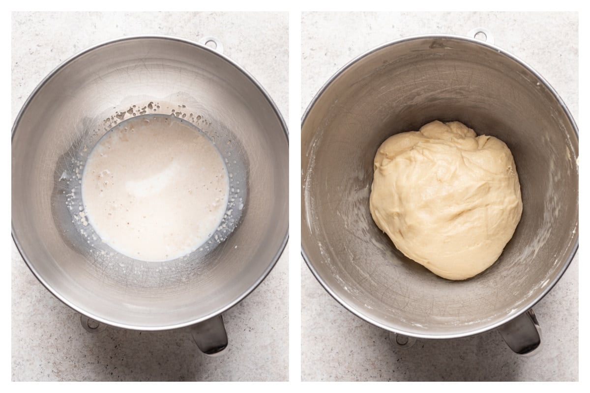 Yeast proofing in a mixing bowl next to roll dough in a mixing bowl.