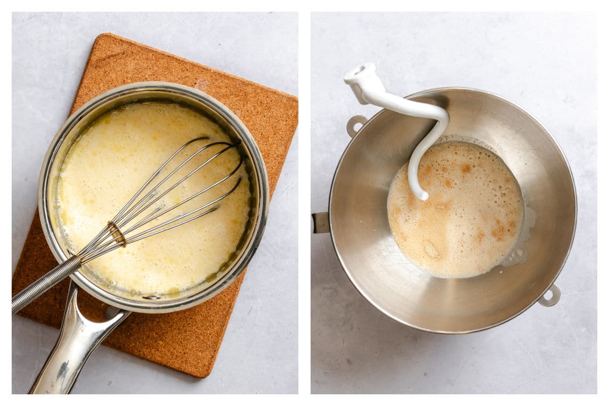 Milk and butter mixture in a saucepan next to yeast proofing in a bowl. 