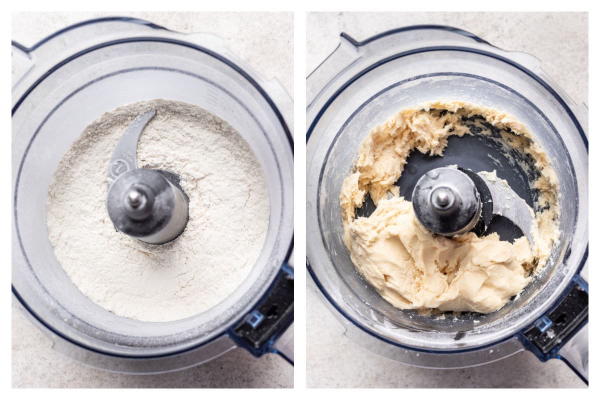Dry crust ingredients in a food processor next to dough in a food processor. 
