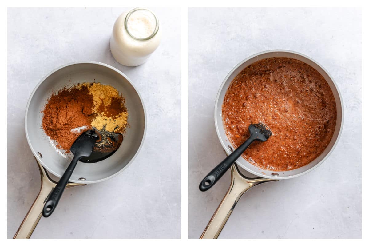 Spices and molasses in a saucepan next to milk stirred in. 