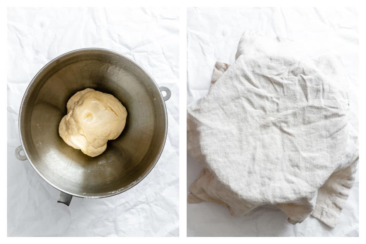 Roll dough in a mixing bowl next to the mixing bowl covered with a cloth.