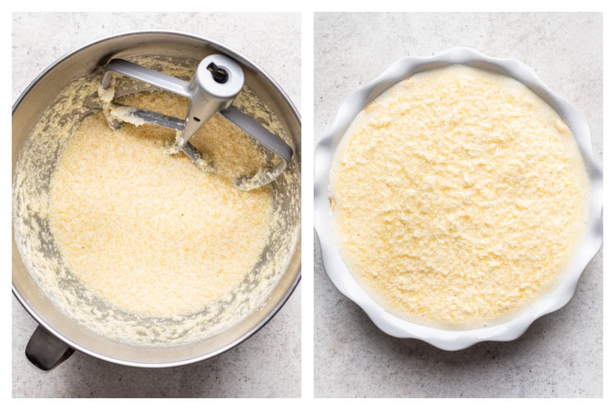 Buttermilk mixed in next to unbaked buttermilk pie in a pie pan.