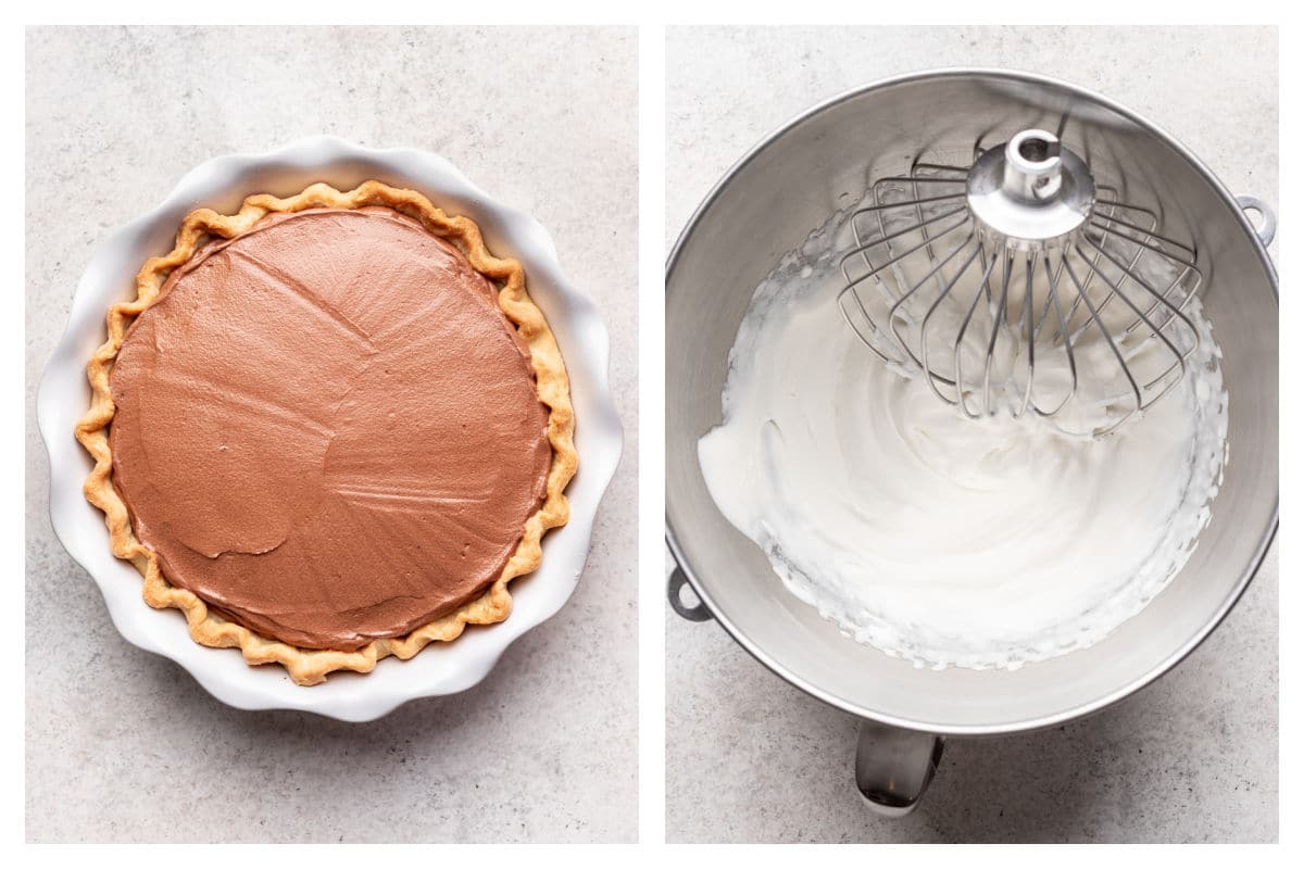 Unchilled French silk pie in a pie pan next to whipped cream in a bowl. 