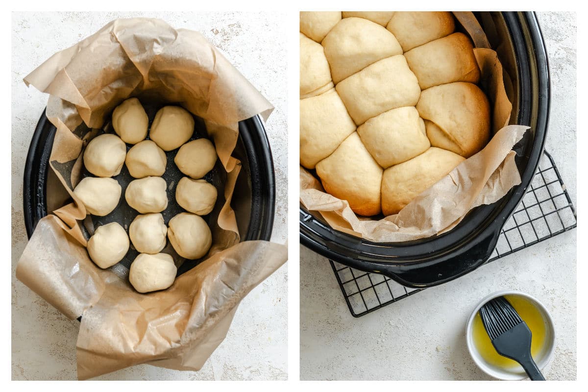 Dough balls in a slow cooker next to risen rolls in slow cooker.