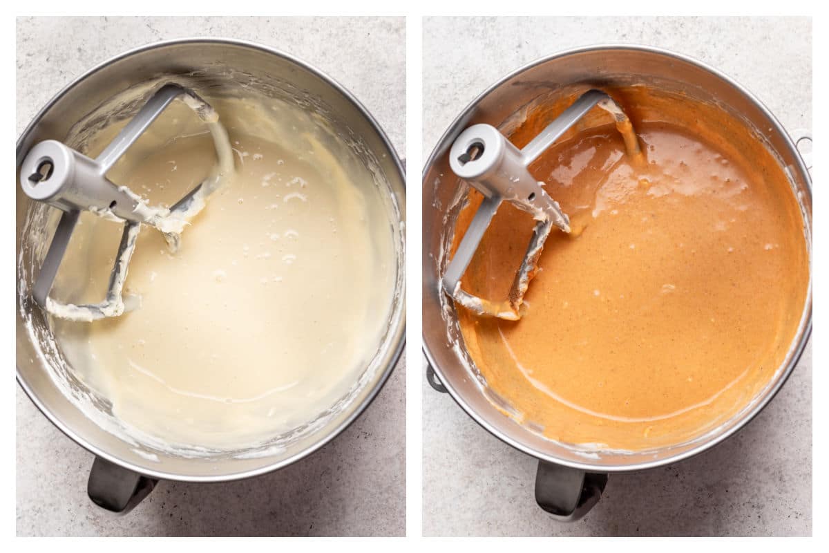 Cream cheese sugar mixture in a bowl next to pumpkin mixed in.