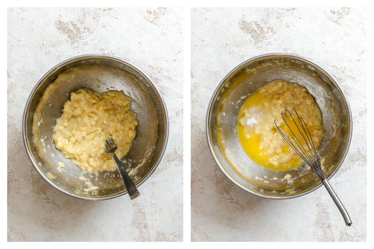 A bowl of mashed banana next to butter and sugar stirred in.