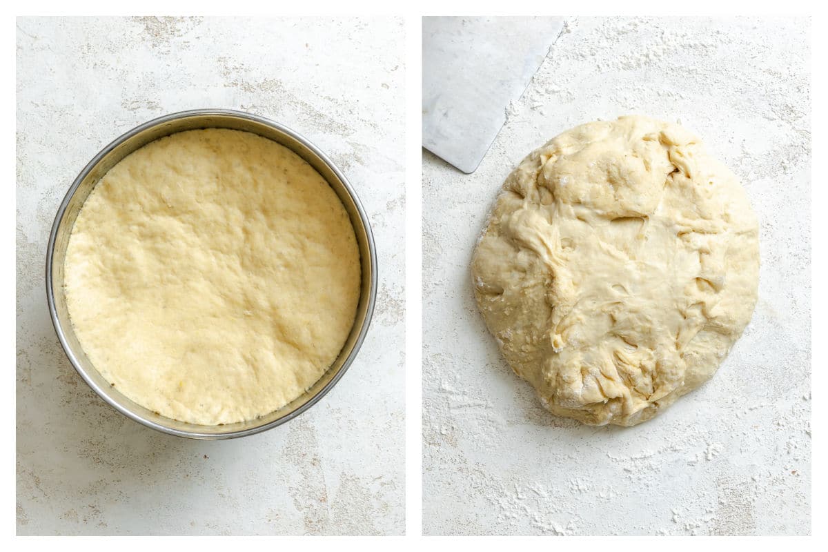 Risen potato roll dough in a bowl next to the dough on a floured surface.