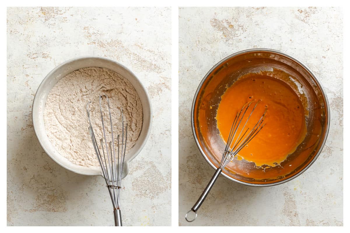Dry ingredients in a mixing bowl next to wet ingredients in a mixing bowl. 