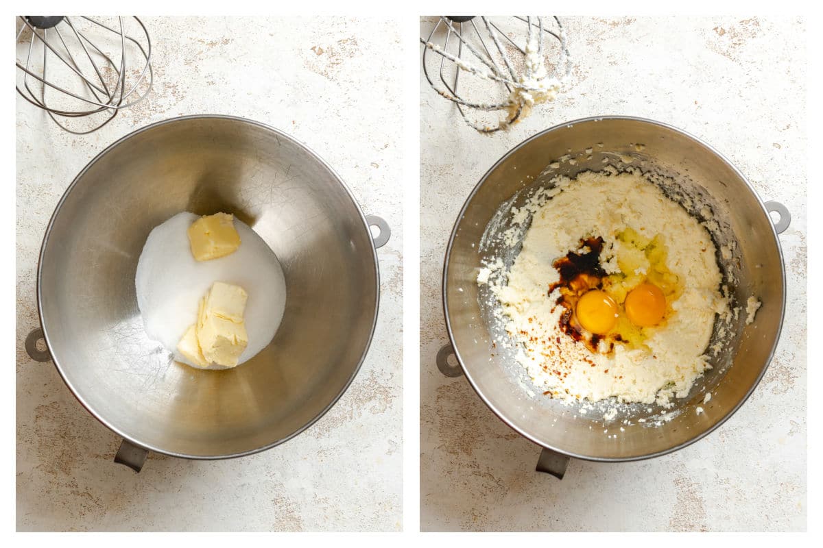 Butter and sugar in a mixing bowl next to  eggs and vanilla on top. 