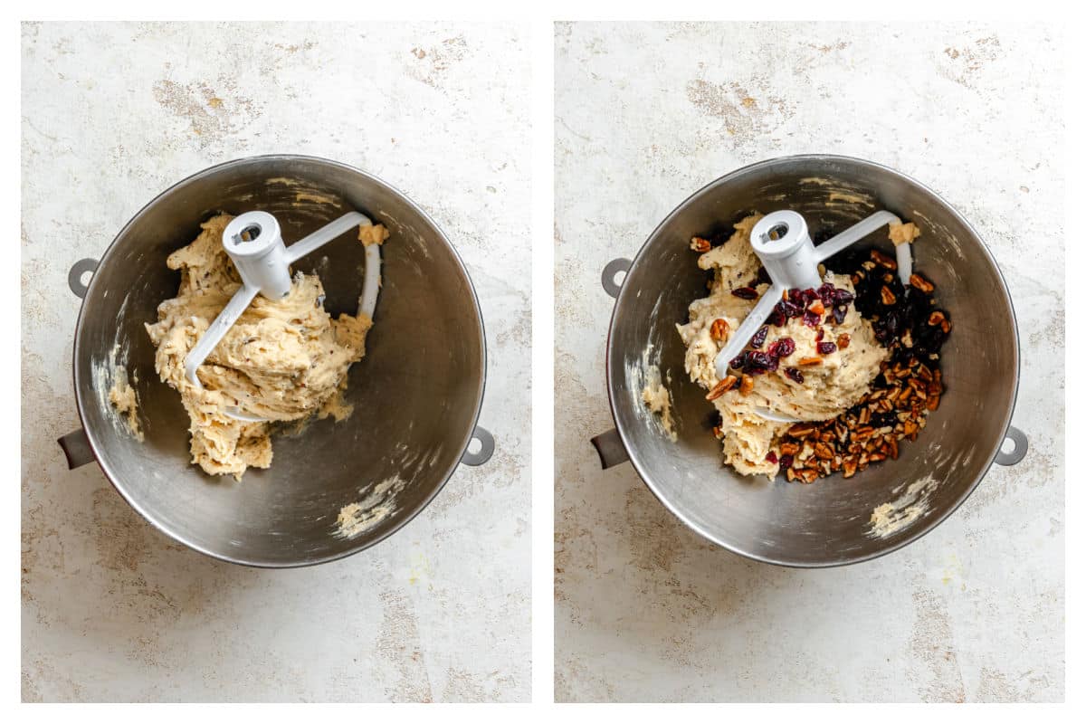 Kneading in cranberries and pecans to the dough.
