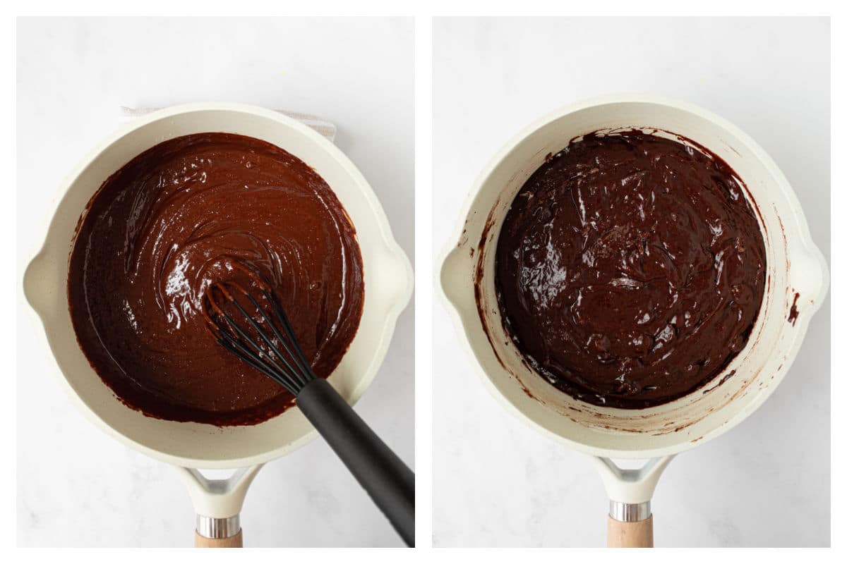 Melted butter and chocolate in a saucepan next to eggs stirred in.