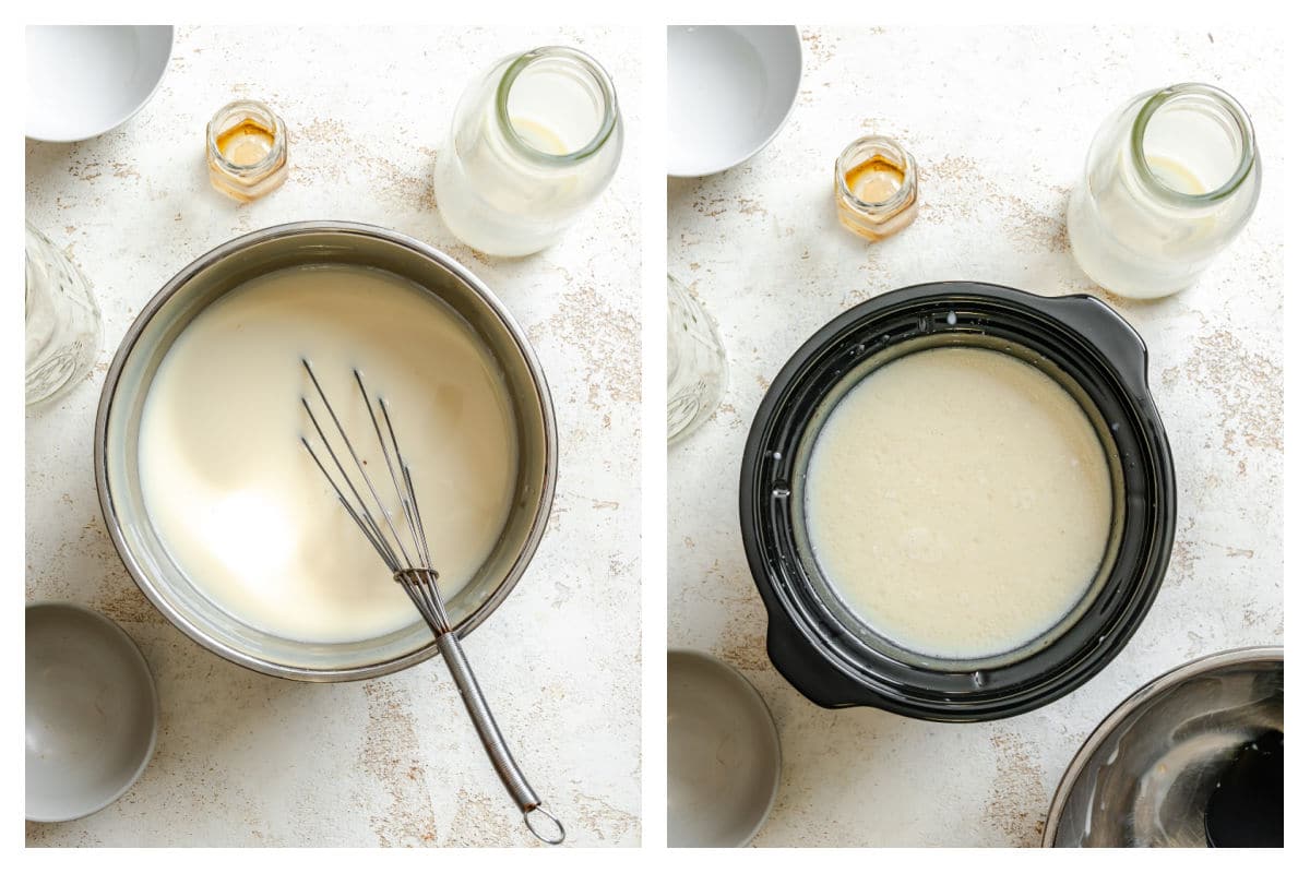 Milk, water, oats, and sugar stirred together in a bowl next to the mixture in a slow cooker insert. 