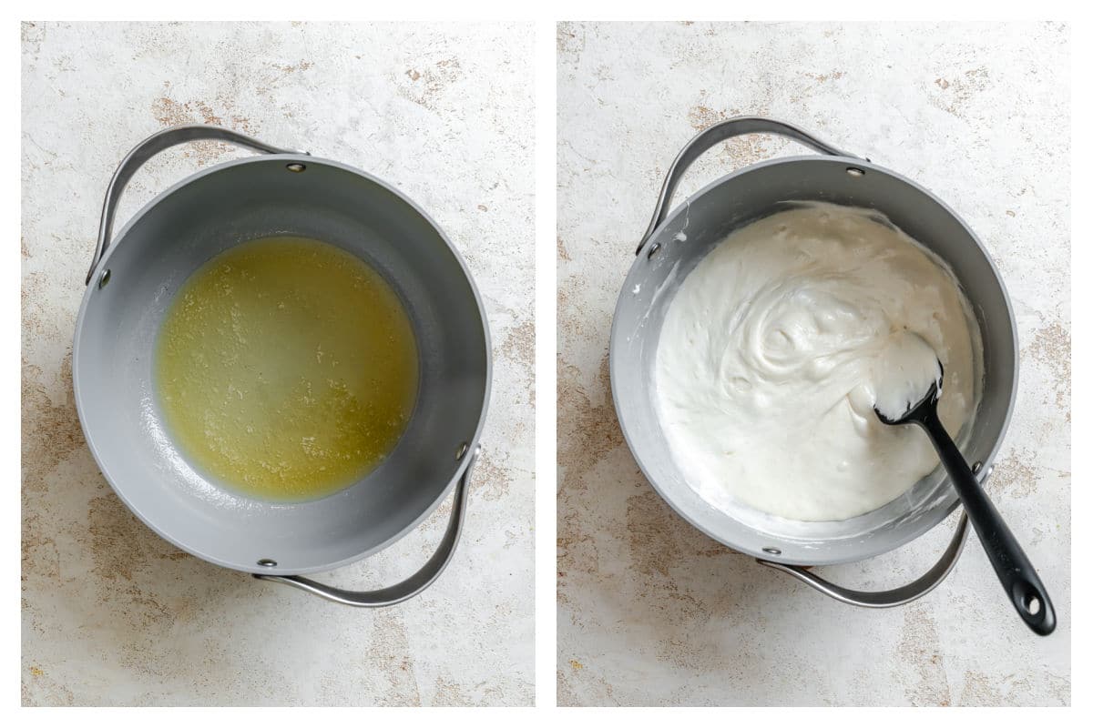 Melted butter butter in a pot next to marshmallow melted in.