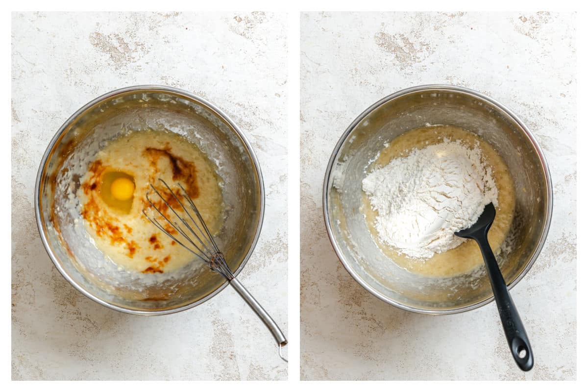 Egg and vanilla on banana mixture next to dry ingredients on top.