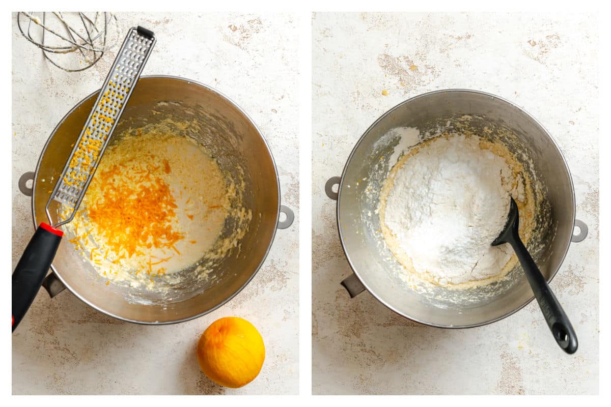 Milk and orange zest on the creamed butter next to dry ingredients on top. 