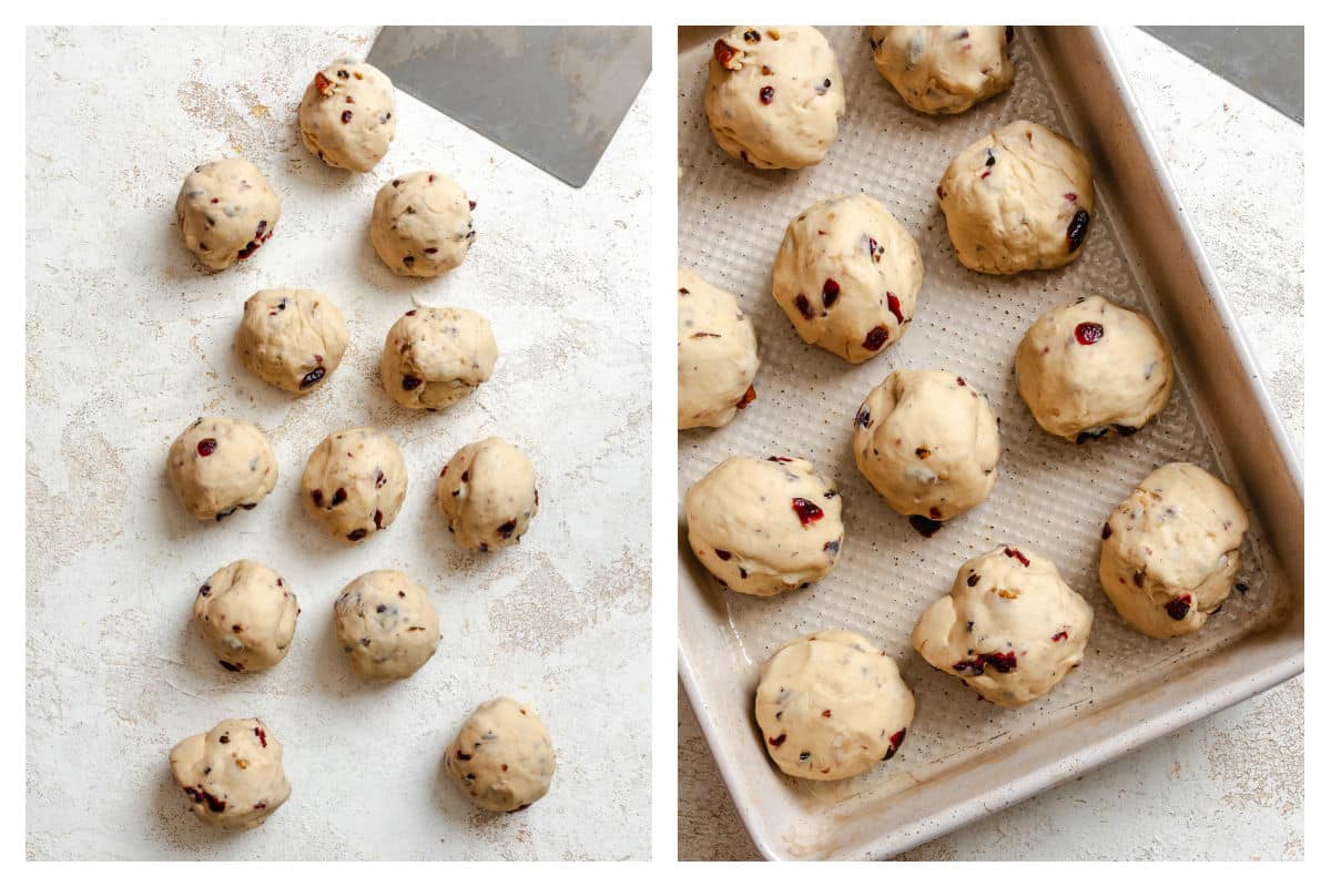 Dough divided into twelve rolls next to dough in pan.